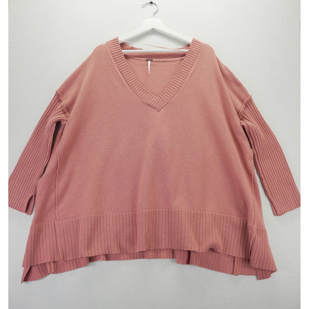 Free People Orion A Line Tunic Sweater Rose Pink V-Neck Oversized OB1721246 M